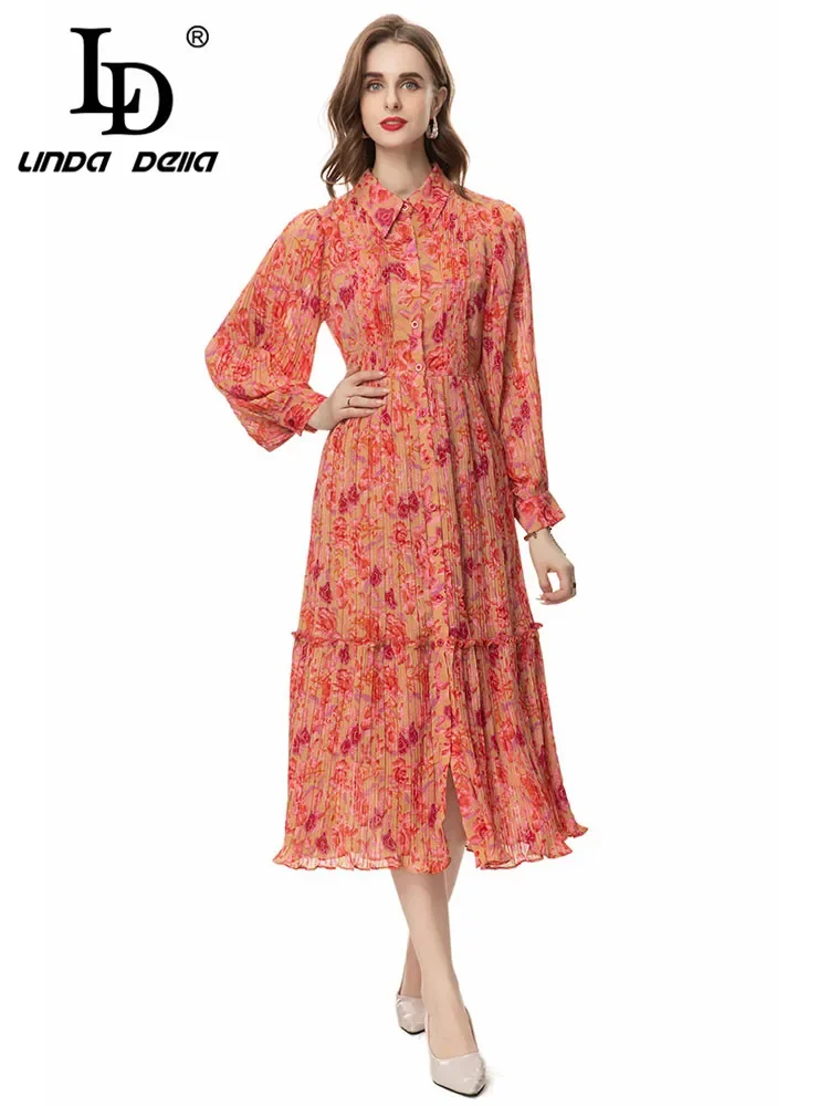 

LD LINDA DELLA 2024 New Style Runway Designer Vintage Dress Women's Draped Floral Print Lantern Sleeve Turn-down Collar Dresses