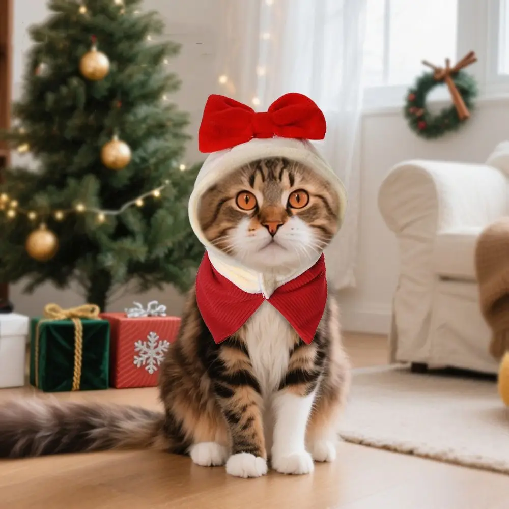 

Neck Gadget Plush Dog Christmas Hat Warm Cute Cat Costume Decorative Bow Pet Headgear Festive