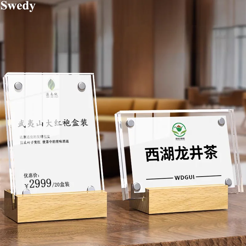 10 Pieces 6x9cm /10x7cm Wooden Label Holder Display Stand Table Magnetic Acrylic Sign Block Wood Price Tags Acrylic Sign Holder