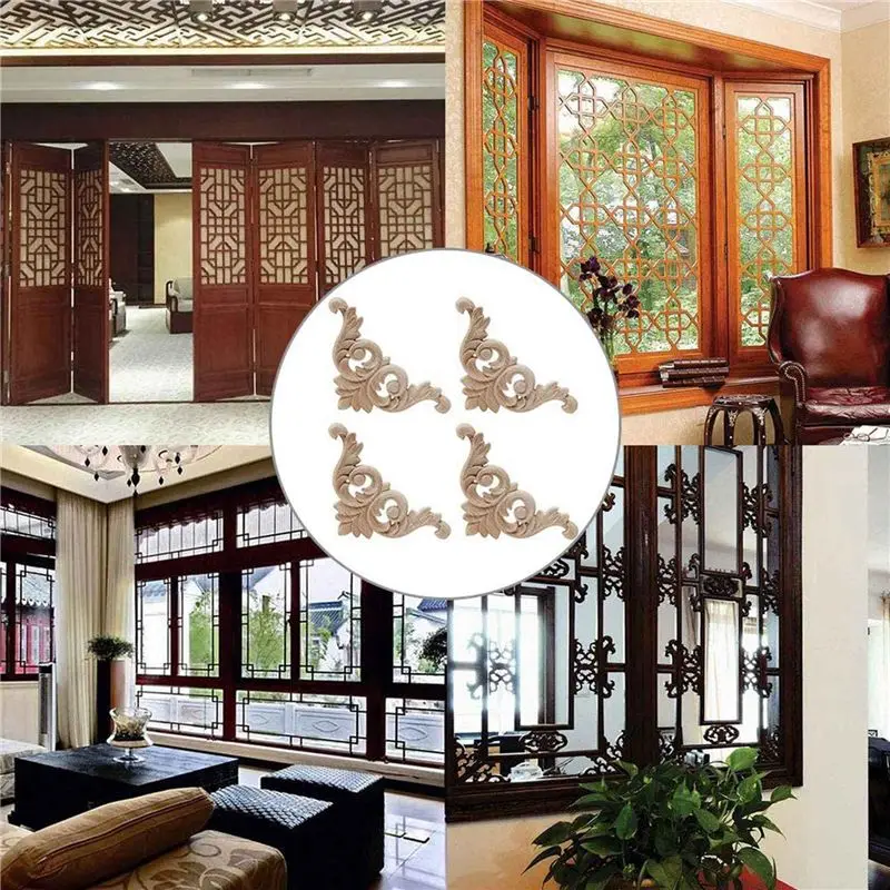 DTA4 60 Pcs Unpainted Wood Carved Corner Onlay Applique, European Style Furniture Wood Appliques for Door Cabinet Decor, 8x8cm