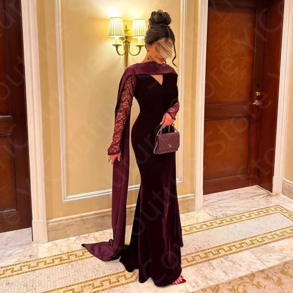 فساتين سهرة أنيقة مخصصة باللون العنابي فساتين حفلات حورية البحر دانتيل أحمر خمري لحفلات الزفاف 2025 بأكمام طويلة مع شال