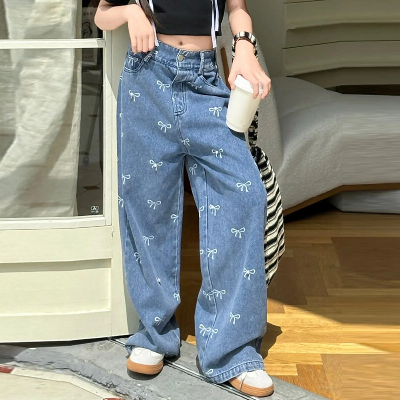 

Kids Casual Denim Pants Street Fashion Denim Pants Girls Spring Summer Loose Jeans School Young Kids Straight Baggy Trousers