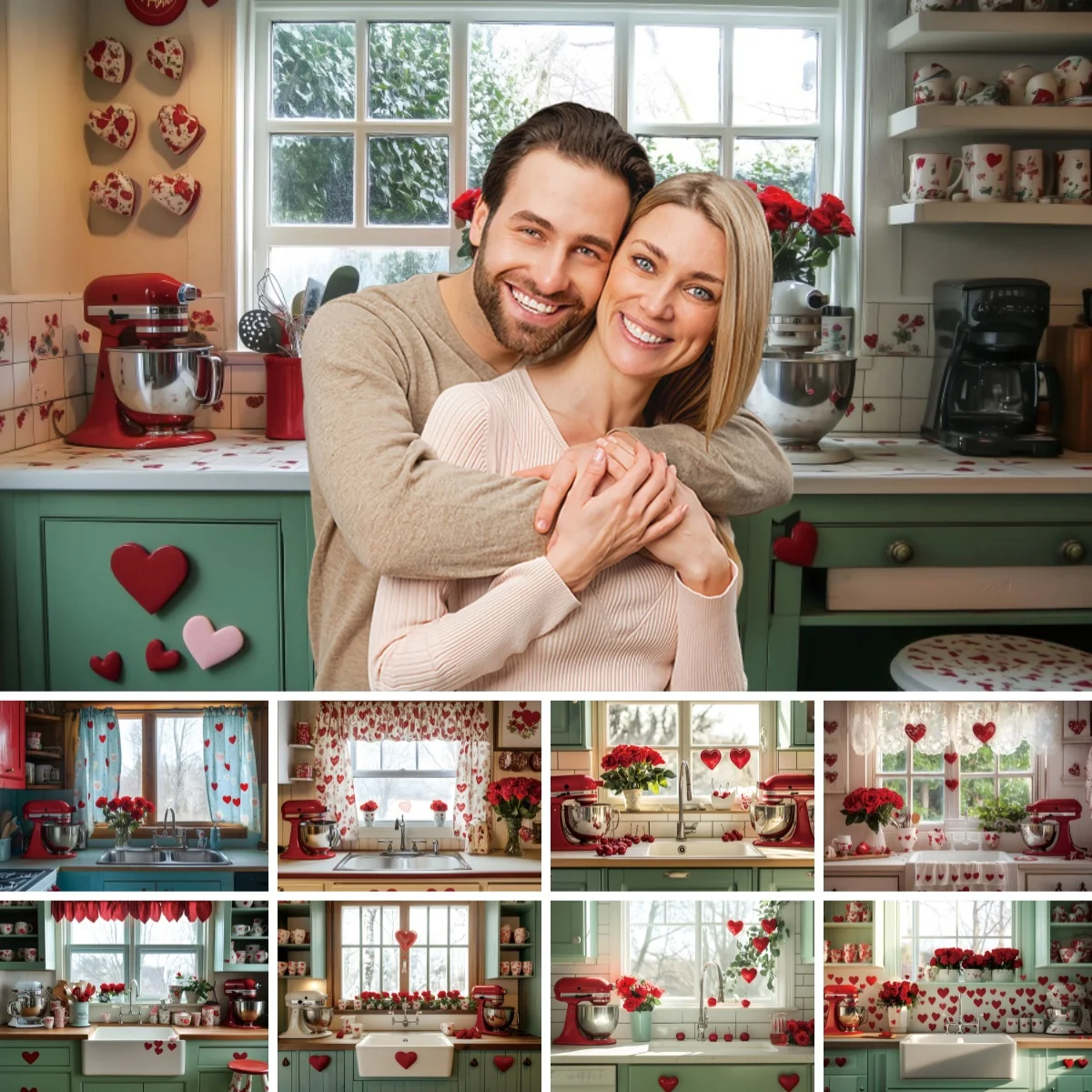Valentine's Day Kitchen Photography Backgrounds Red Roses Love Heart February 14th Couples Portrait Wedding Party Photo Backdrop