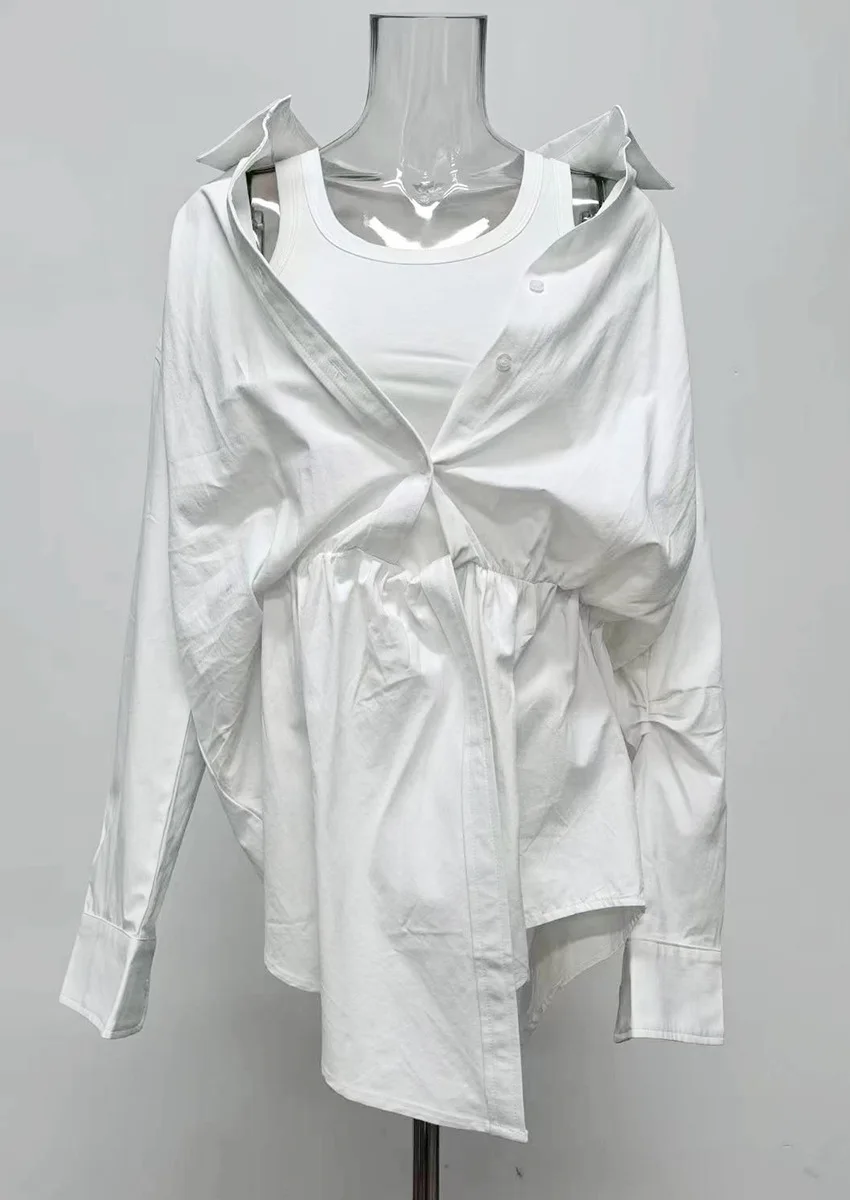 Women's Medium Long Untrue Two-Piece Dress White Irregular Suspender Vest Inside Niche Spring Shirt Dress