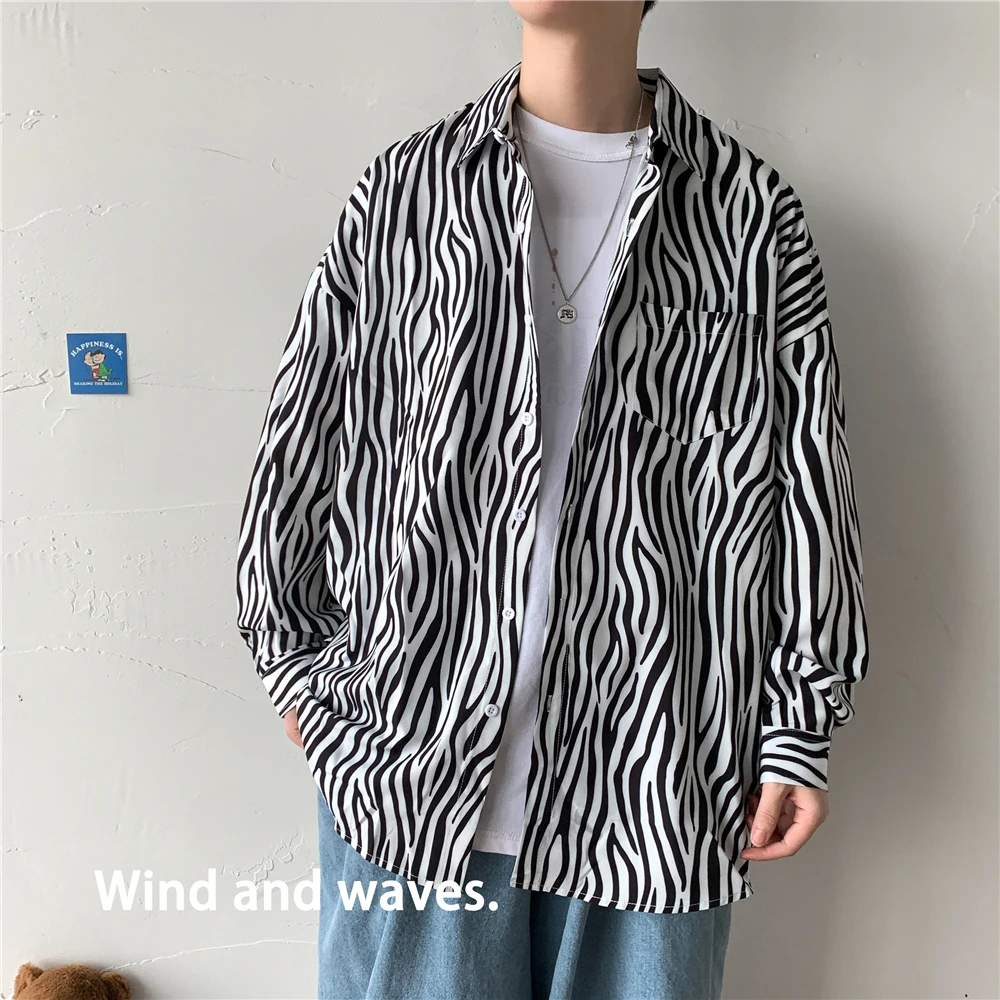 Men's Classic Black and White Striped Shirt Japanese Loose Casual Large Size Couple's Model Lapel Tops Street Trendy Clothing