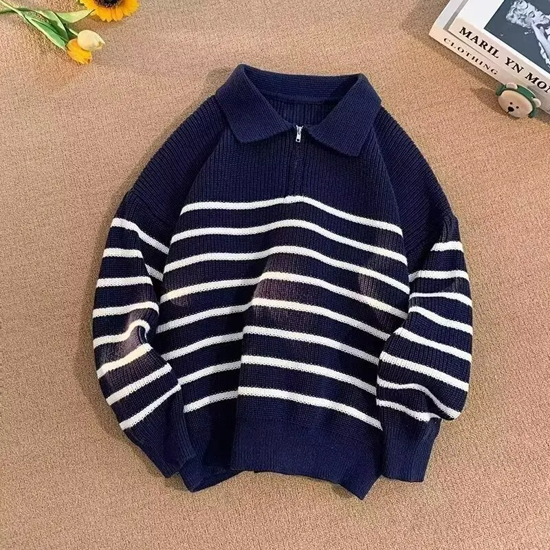 

Свободный повседневный вязаный свитер Long Sve для мужчин, винтажный дизайн на молнии с лацканами, зимняя верхняя одежда из полиэфирного волокна, топ