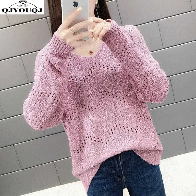 Spring and Autumn Knitted Women's Long Sleeved Top with New Style Hollow V-neck Western Style Loose and Age Reducing Sweater