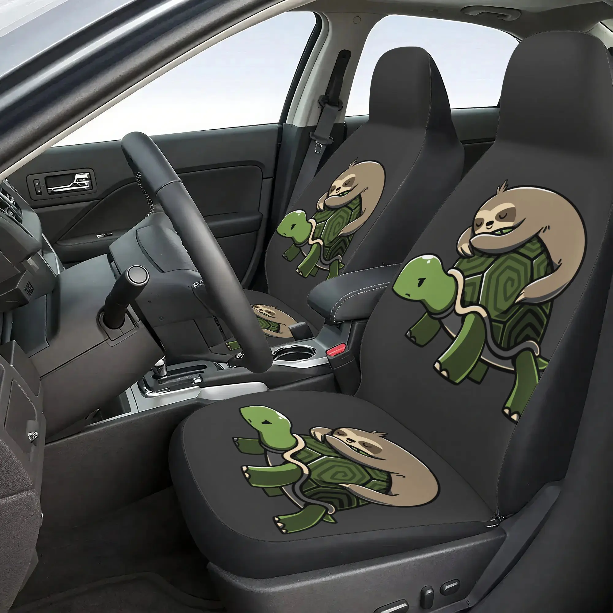 2D Plane 7pcs Set Sloth On Tortoise Car Seat Covers Set - Including 2 Front Seat Covers And 1 Rear Seat Back Cover And 1 Rear Se