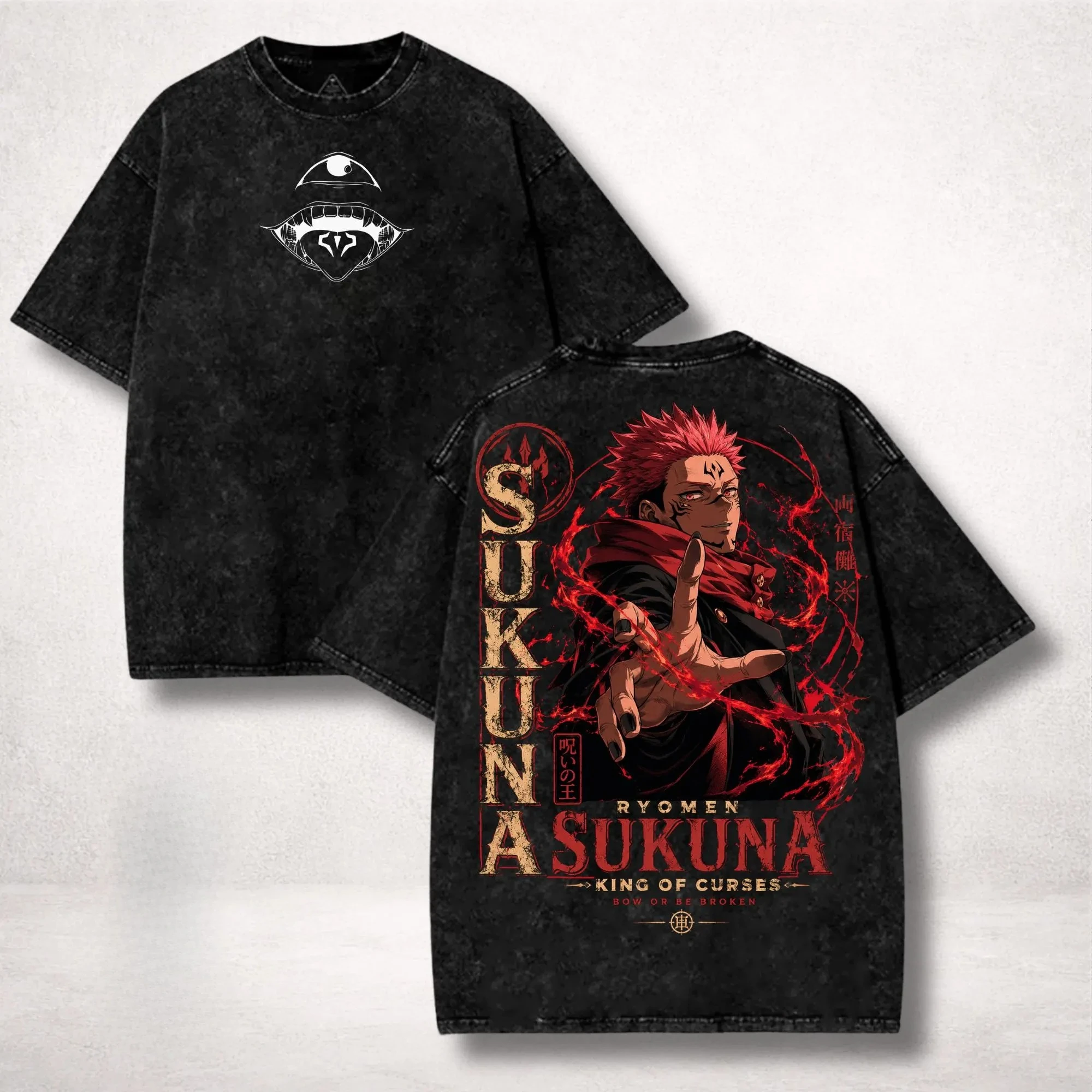 Jujutsu Kaisen Anime T-Shirt Ryomen Sukuna King of Curses Short Sleeve Graphic Print Four Eyes Double Pupils Vintage Washed