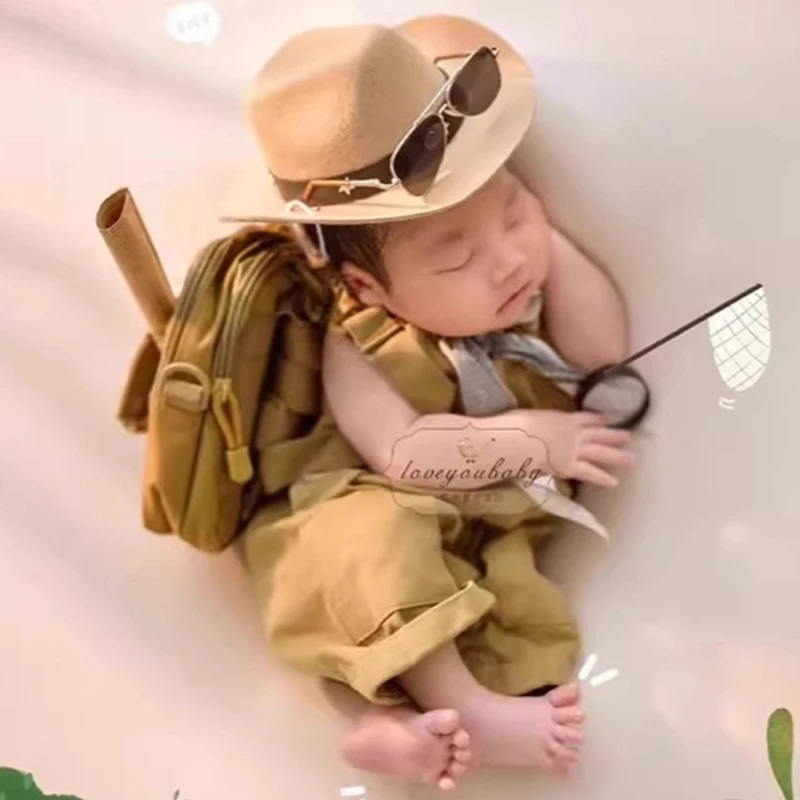 

Дизайнерские рабочие штаны для фотостудии новорожденных, костюм, комбинезон из полиэстера, шляпа, сумка для детей 0-1 месяцев, наряд для фотосъемки младенцев