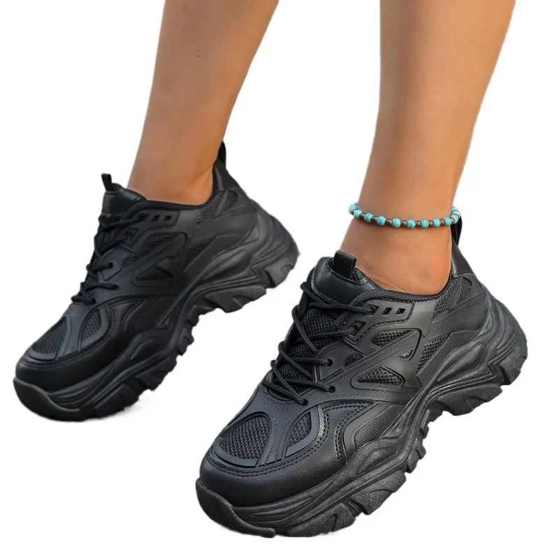 2026 New Spring Autumn Women New Fashion Platform Sport Shoes Women Black Casual Sneakers Women Mesh Leather Platform Shoes