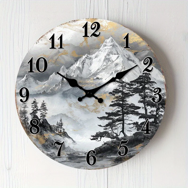 1pc of a Silent Wall Clock That Doesn'T Tick, Featuring a Decorative Circular Design of a Snowy Mountain Landscape with Pine Trees, Suitable for a Foyer, Kitchen, Home Office, Studio, Or Guest Room, Available in Sizes 25.4cm, 30.48cm, 35.56cm, And 40.64cm