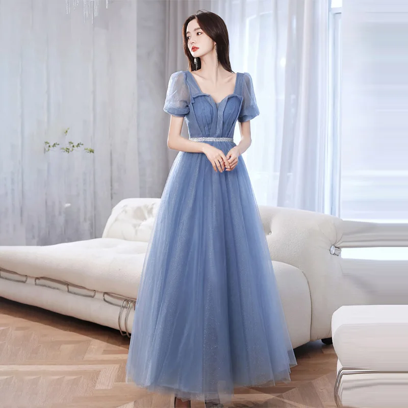 

New Arrival V-Neck Tulle Short Sleeve Elegant Blue Floor-Length Pleat A-Line Lace Up Sequin Formal Dress Dress Woman Party A2836