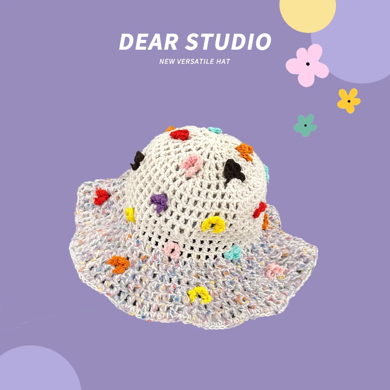 

Korean Mixed Color Hand-crocheted Flower Bucket Hat Women Spring and Autumn Hollow Sweet Versatile Knitted Big Brim Basin Cap