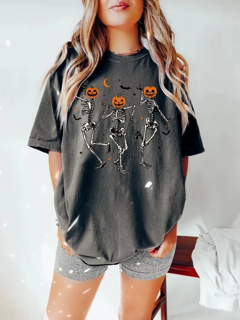 

Halloween Pumpkin Skull Print T-shirt Man Women Short Sleeve Casual Cotton Tops Summer Streetwear Party Graphic Tee Y2k Clothes