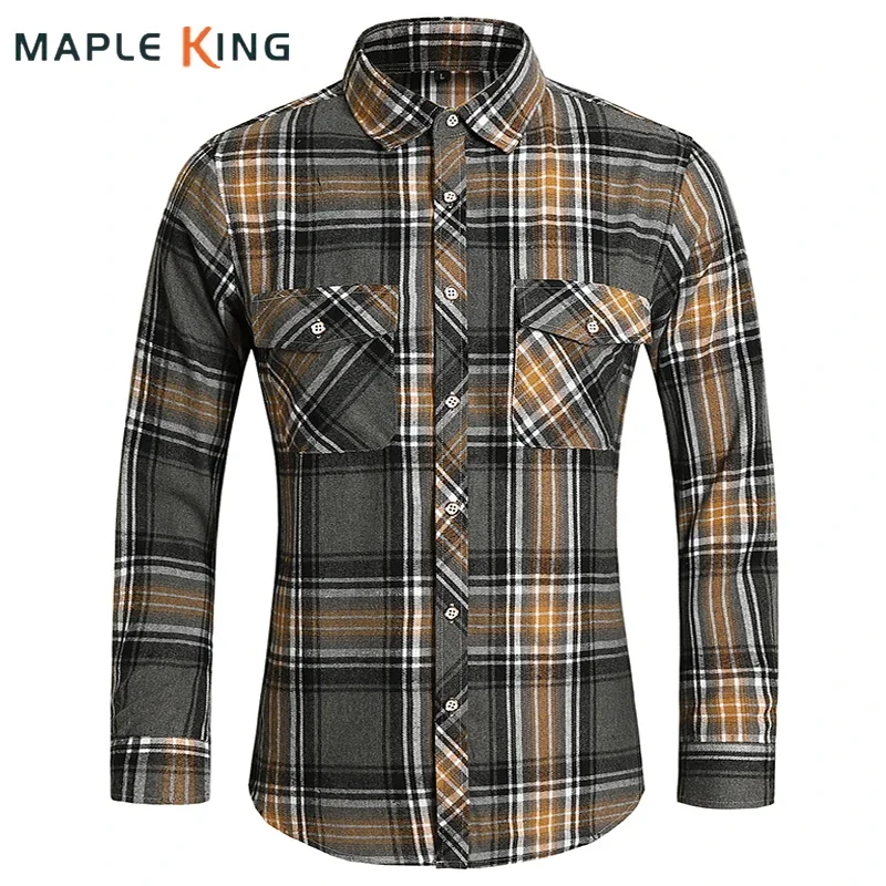 Camisa xadrez com bolso duplo vintage masculina, camisas formais de negócios, roupas sociais, moda, roupas de outono, 7XL