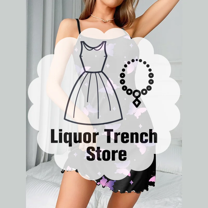 

New Suspender Home French Sleepwear Butterfly Printed Sweet Nightgown Home