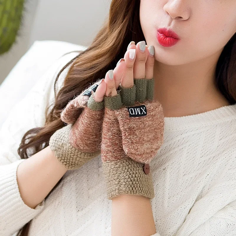 2020 Winter Thickening Wool Gloves Knitted Flip Fingerless Flexible Exposed Finger Thick Gloves Mittens Men Women Warm Glove