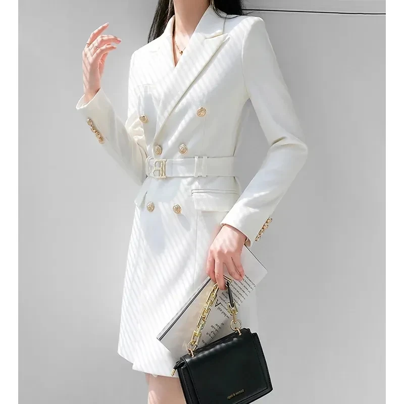 2024 New Spring Autumn Mid-Length Women\'s Suit Dress Fashion Jackets Button Slim Belt Notched Casual Blazer Coats White Outwear