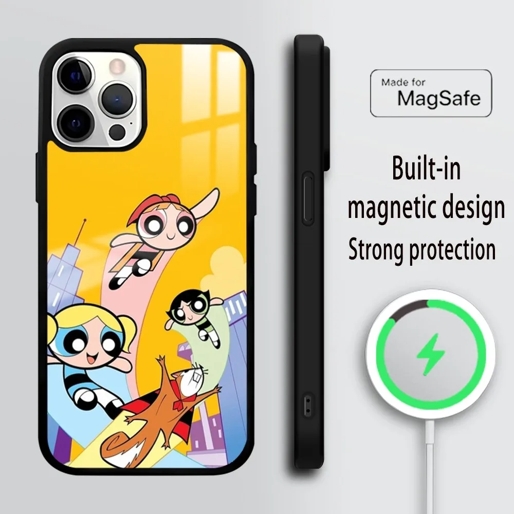 The P-Powerpuff Girls-s Phone Case For iPhone 16 15 14 13 12 11 Pro Max Plus Mini Mirror Wireless magnetic case