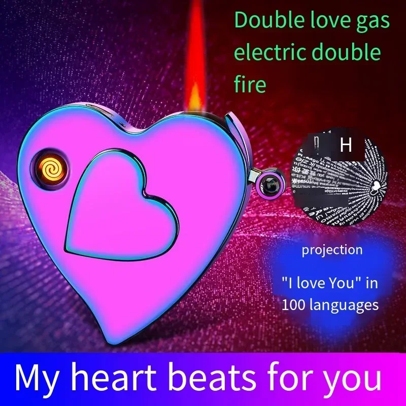 Love Heart Shape Lighter Gift Box Set Gas Electric Dual-Use Micro-Engraved Projection Lighter Rechargeable Metal Cigar Lighter