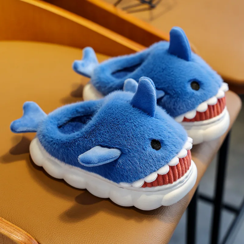 Cotton Slippers Boys And Girls Cute Cartoon Shark Slippers Fall And Winter Home Indoor Monthly Shoes Thick Bottom Slip