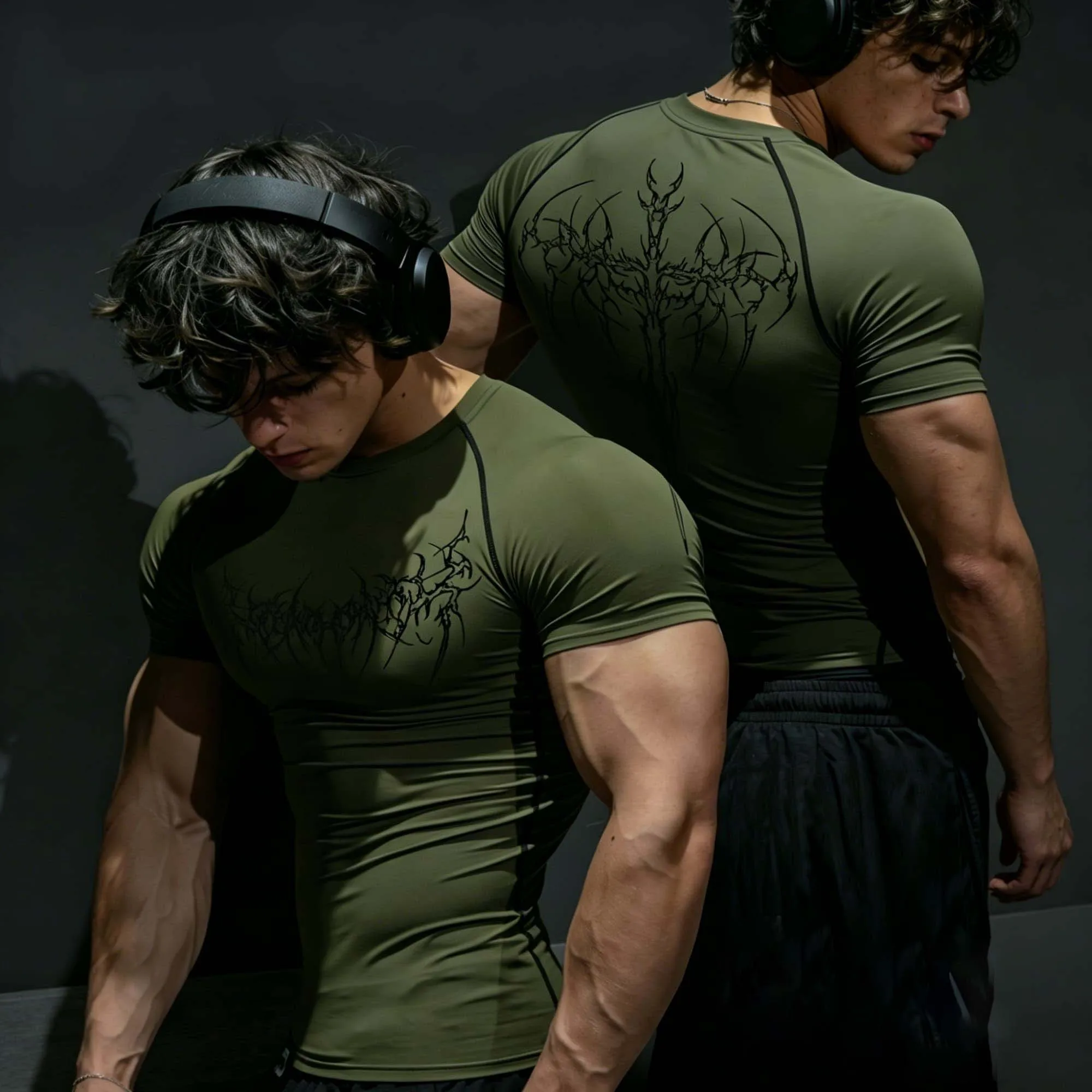 Camisa de Compressão Masculina Streetwear com Estampa Gótica de Espinhos Escuros, Elástica, de Secagem Rápida, Manga Curta, para Uso Diário, Musculação e Esportes ao Ar Livre