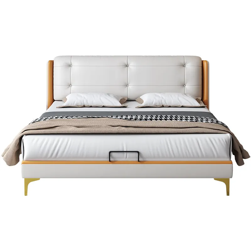 

Light luxury leather bed First layer cowhide master bedroommeters small apartment soft bag Minimal