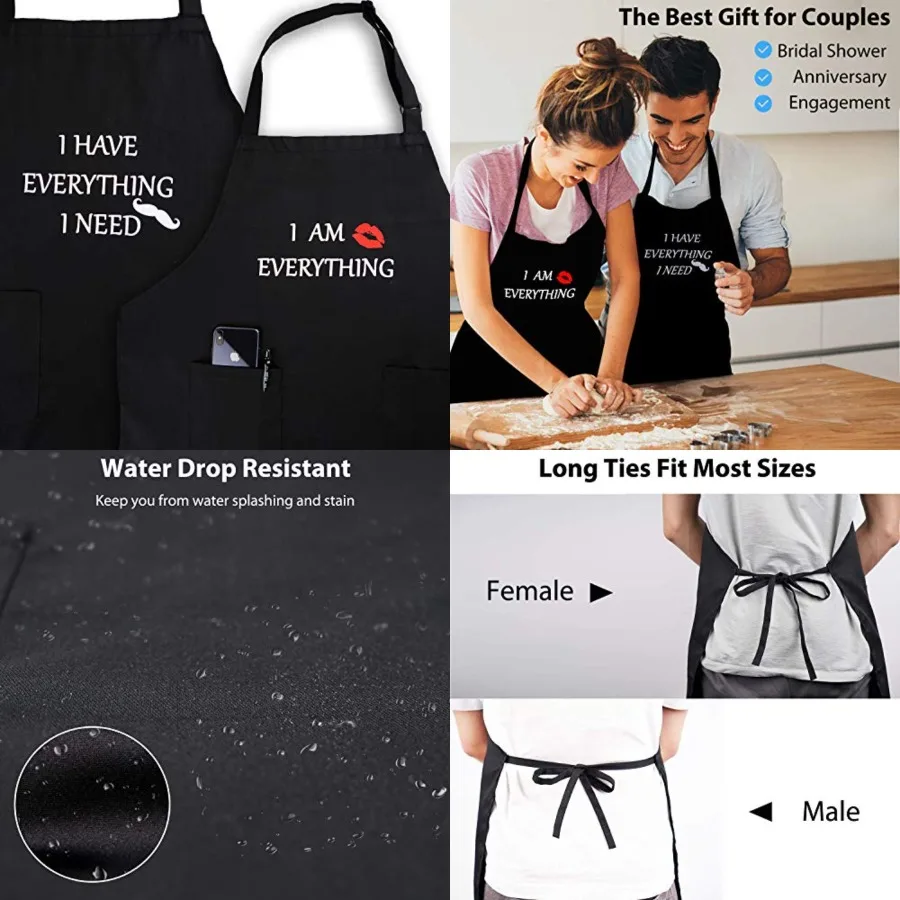 

Apron Couples, Valentines Day Gifts for Couples: Waterproof Aprons for Women Men, with Adjustable Neck Strap with Extra Long Ti
