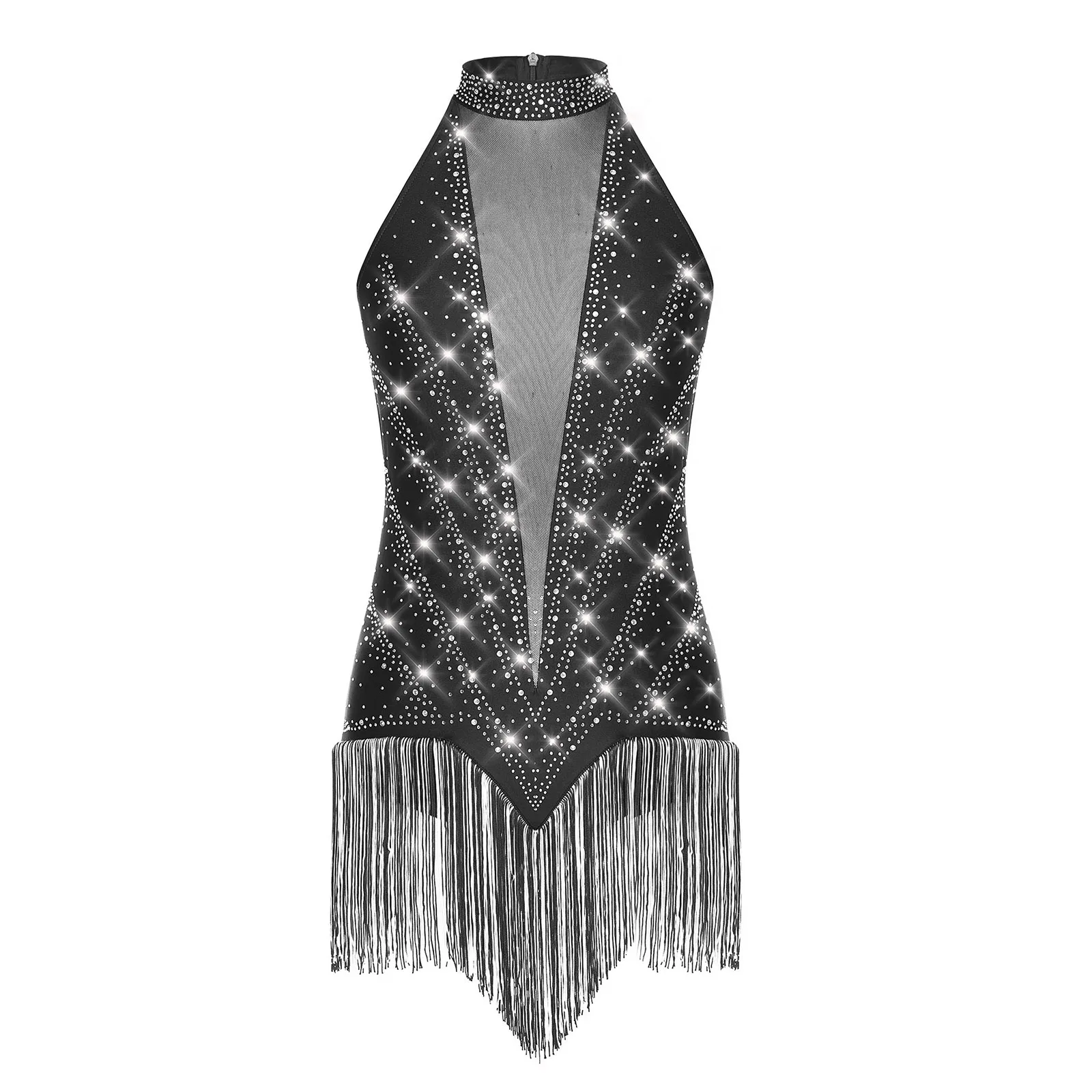 Femmes gymnastique glands Latin Cha-Cha Tango danse justaucorps robe de patinage artistique sans manches strass frangé Ballet body