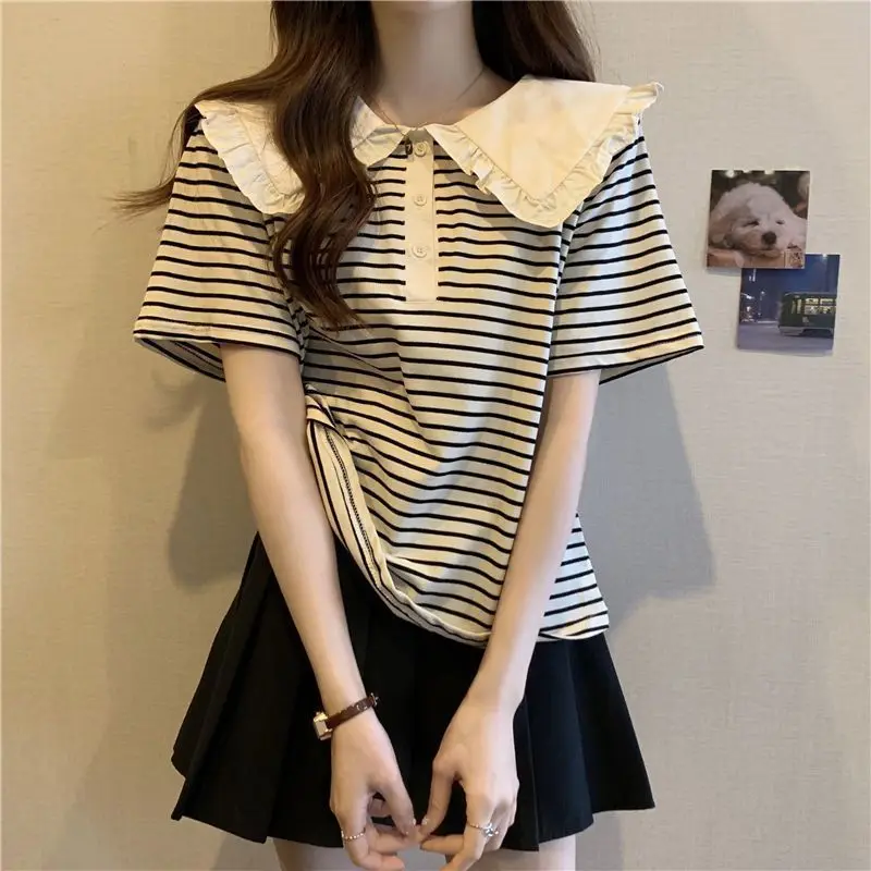 Summer New Casual Striped T Shirt Tops Short Sleeve Loose All-match Plus Size Youth Pullovers Vintage Fashion Women Clothing