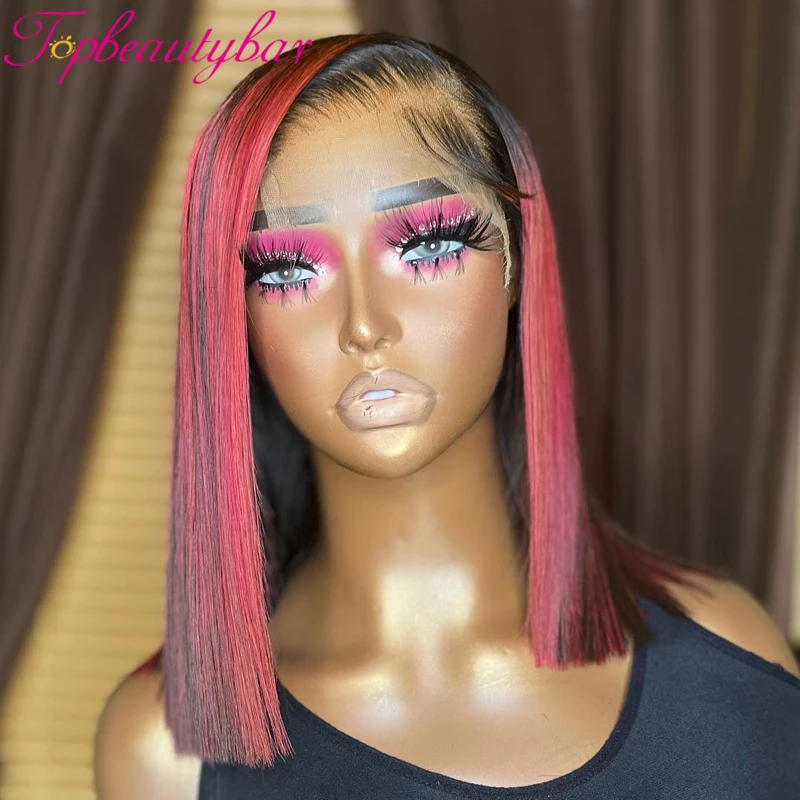 

Short Bob Wig Pink Highlight 180 Density 13x4 Lace Frontal Wig For Women Brazilian Human Hair Wigs Pink Bob Straight Remy Wig