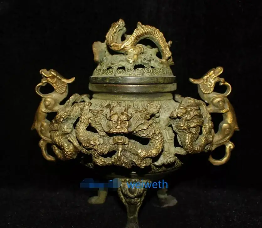 

Старая китайская ручная работа, античная бронза, позолота, 3 фута, 9 дракона, курильница 21118