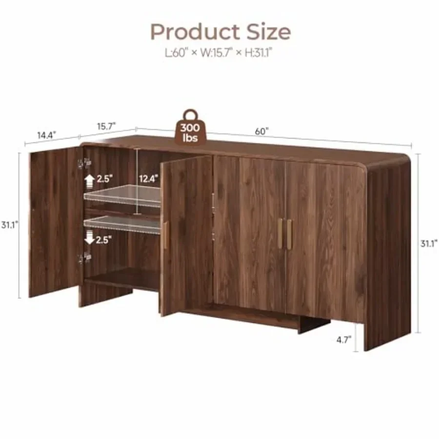 60 Inch Sideboard Buffet Cabinet for Dining Room, Solid Wood, Walnut Finish, Spacious Storage with Soft-close Drawers