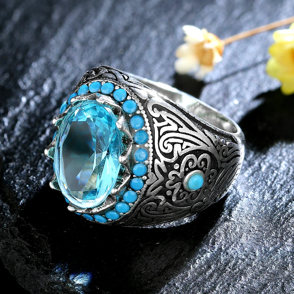 Silver Ring for Men with Oval Blue Zircon Stone Ring Aquamarine Gemstone Jewelry Male Thai Silver Turkish Jewelry