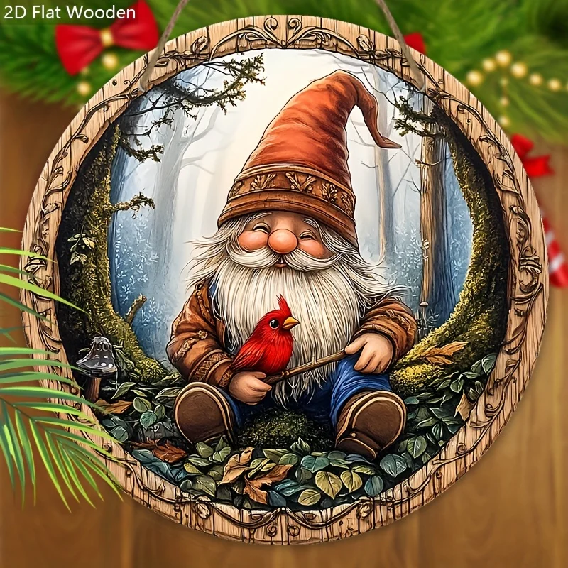 2D flach, 1 Stück, 7,87 Zoll großes Weihnachtsschild aus Holz mit Zwerg- und Kardinalmuster-Design – rundes Weihnachtsschild für Haustür, Wandbehang