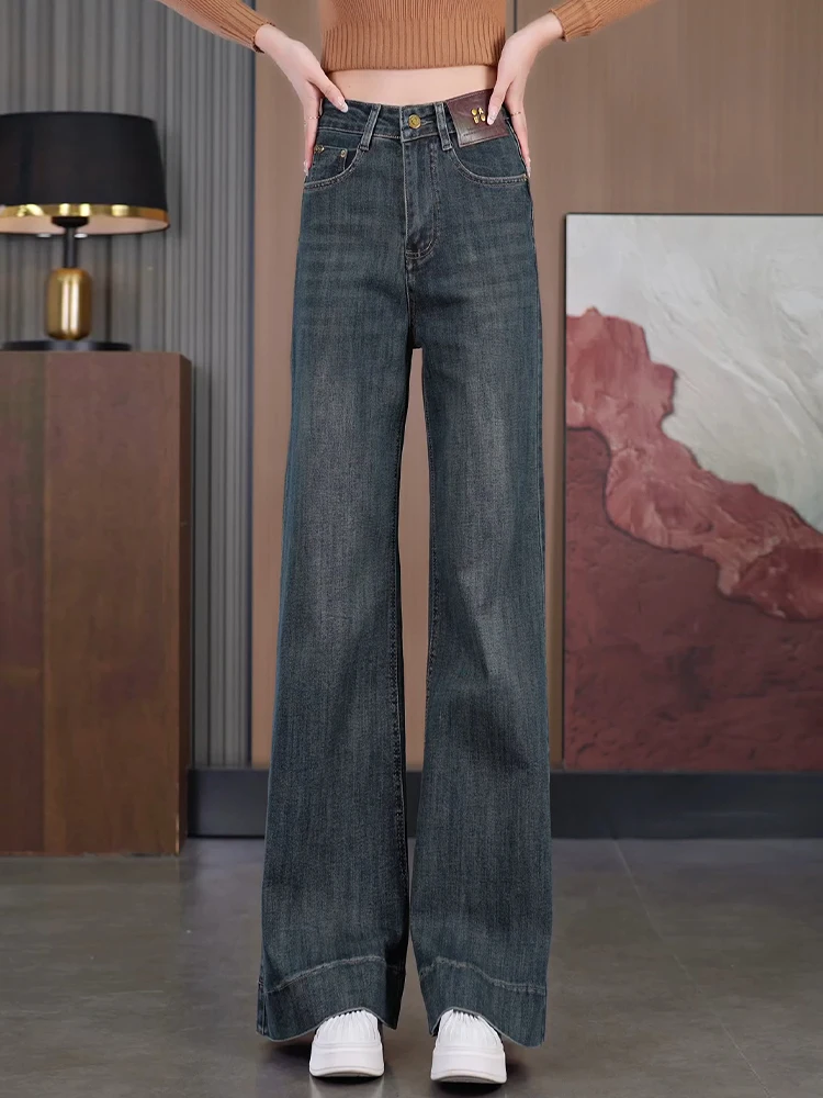 

High Waist Wide Leg Straight Cut Loose Fit Jeans Women's Spring Autumn Cement Grey Vintage Style Comfortable Casual Trousers