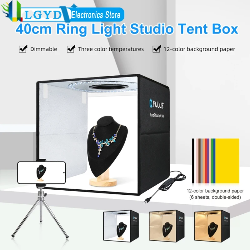 PULUZ 40cm Folding USB Photo Studio Tent Box 160 LED Beads Ring Light Photography Kit with 6x Dual-side Color Backdrops