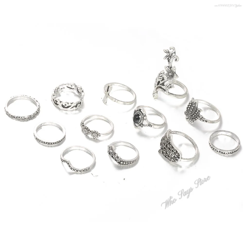 12pcs/set Bohemian Rings for Women Antique Silver Color Ring Boho Indian Jewelry Vintage Midi Knuckle Ring Finger Bijoux Femme