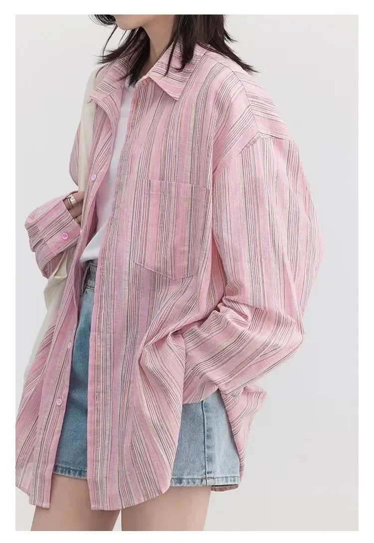 Fashion Women Shirt Loose Striped Pink Linen Blouses for Woman Long Sleeve Female Top Sunscreen Coat New 2025 Summer