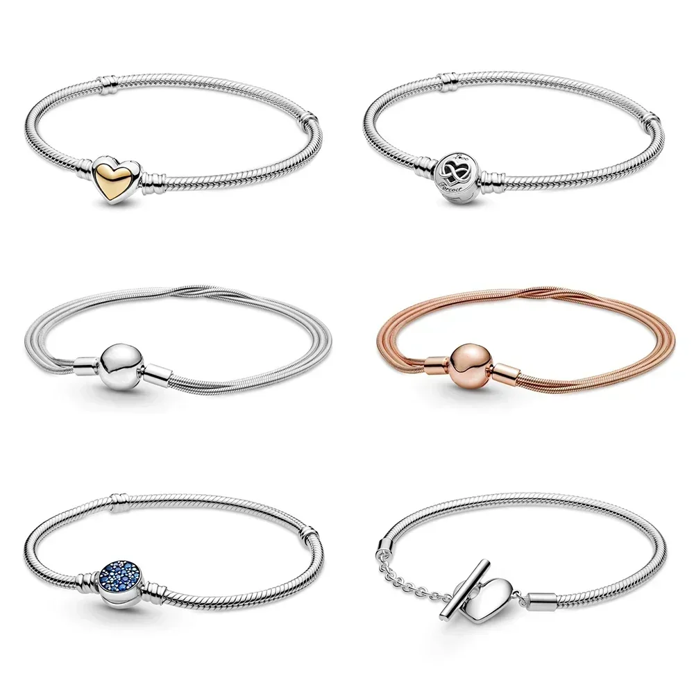 

2025 New 100% 925 Sterling Silver pretty Moments Heart Infinity Clasp Snake Chain Bracelet Fit Party Woman Jewelry Gift