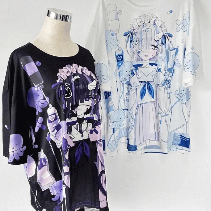 2026 New Dark Harajuku Style Girl Print T-shirt Adult Anime Style Loose Large Size Short Sleeve Kids Cute Y2k Role-playing Shirt