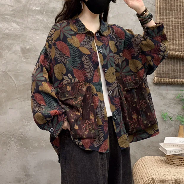 

Printed shirt women's spring 2025 new literary and retro loose lapel big pocket double yarn shirt 8970