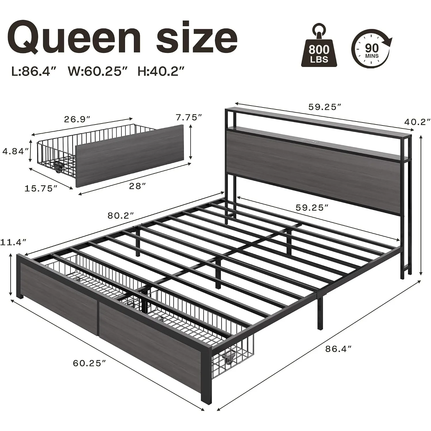 Queen Bed Frame with 2-Layer Storage Headboard, Platform Metal Bed Frame with 2 Storage Drawers & 20W Fast-Charging Station & LED, Noise-Free, No Box Spring Needed, Easy Assembly, Rustic Grey