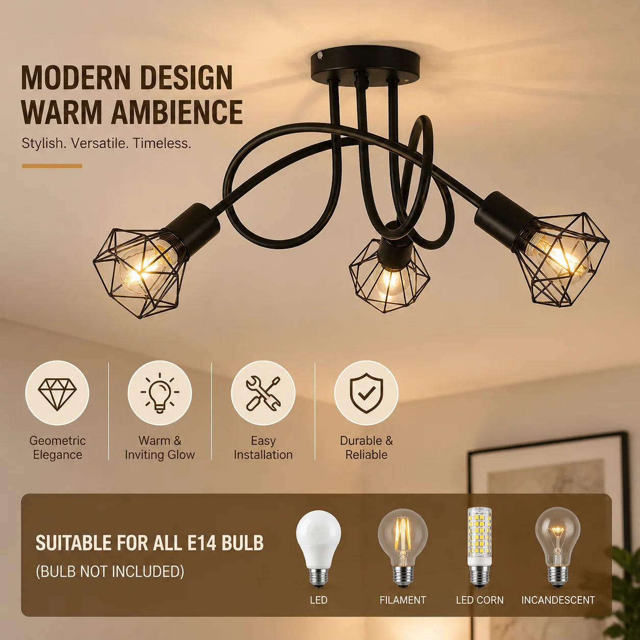 JOYINLED Industrielle Deckenleuchte Halbeinbauleuchte E14 Schwarzer Metallkäfig 3-Licht Deckenleuchte für Schlafzimmer Esszimmer