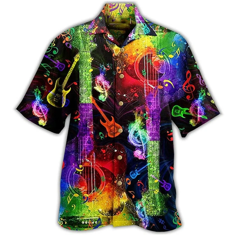 Musical Instrument Printed Shirts Summer men\'s Button Top Breathable Loose Fitting Clothing Fun Printed Comfortable Soft Shirts