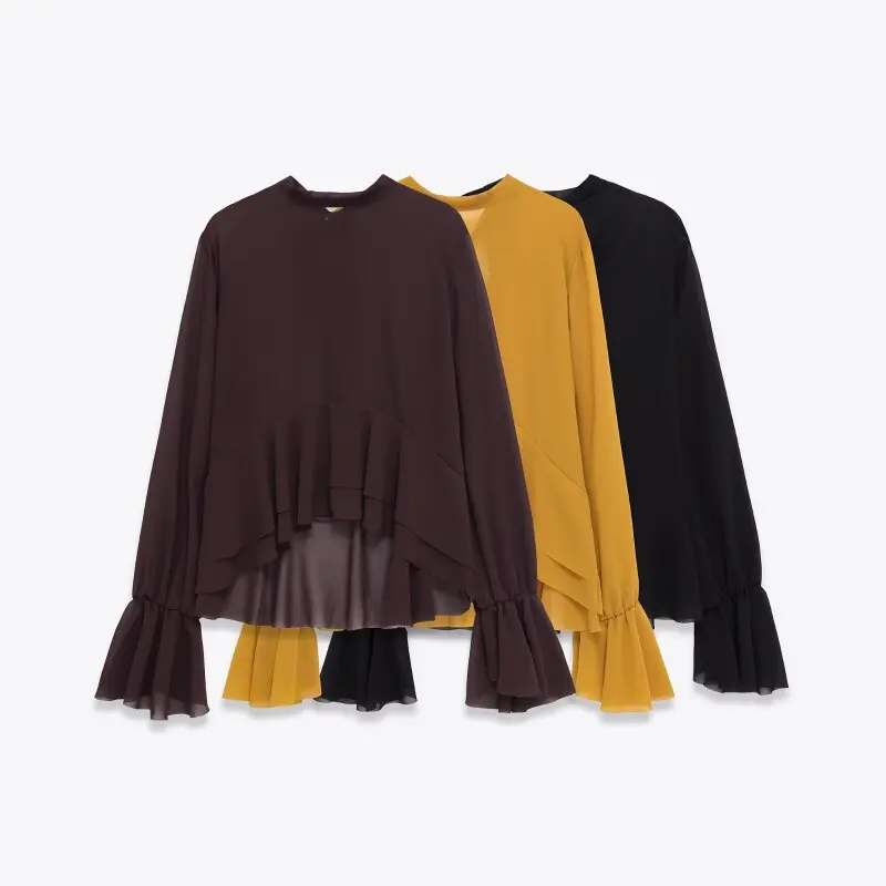 بلوزة نسائية برقبة دائرية وأكمام طويلة وطبقات للديكور، قميص كاجوال أنيق