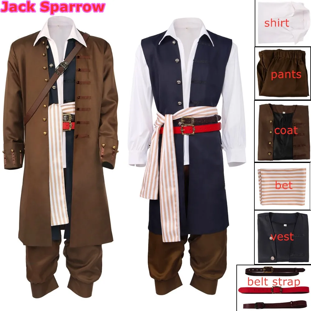 

Adult Pirate Captain Jack Sparrow Cosplay Costume Jackat Pants Full Set Men Purim Halloween Christmas Party Outfits