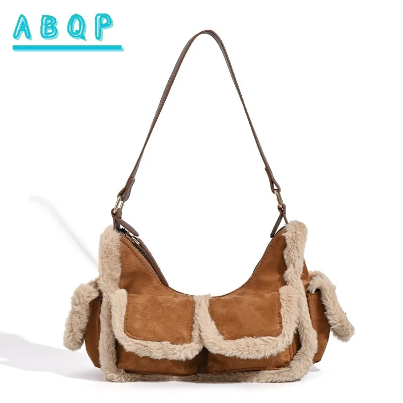 

Shoulder Bag Cute Retro Plush Autumn Winter New Fashion Splicing Oblique Span Bags Pocket Underarm Bag Portable Outdoor Travel