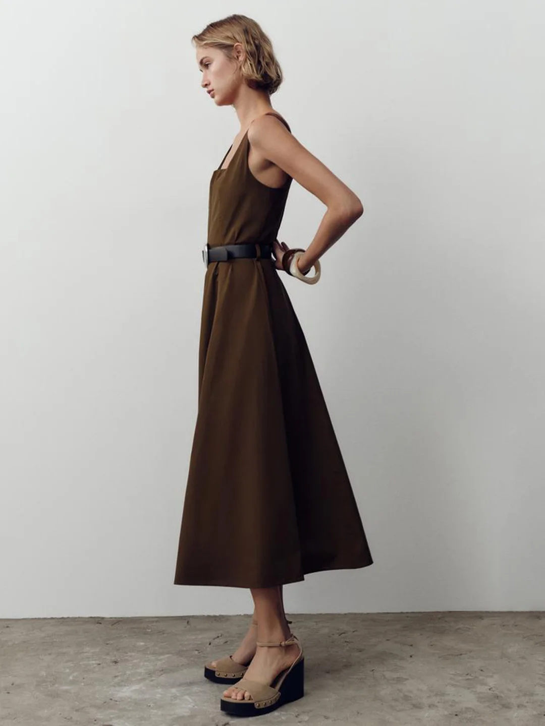 Sweet Sli Slimming Belted Midi Dr مع أشرطة كتف واسعة جديدة للنساء من القطن كاجوال مربع Ne Dr